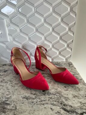 A New Day Women's Red Pointed Block Heel Pumps with Ankle Strap